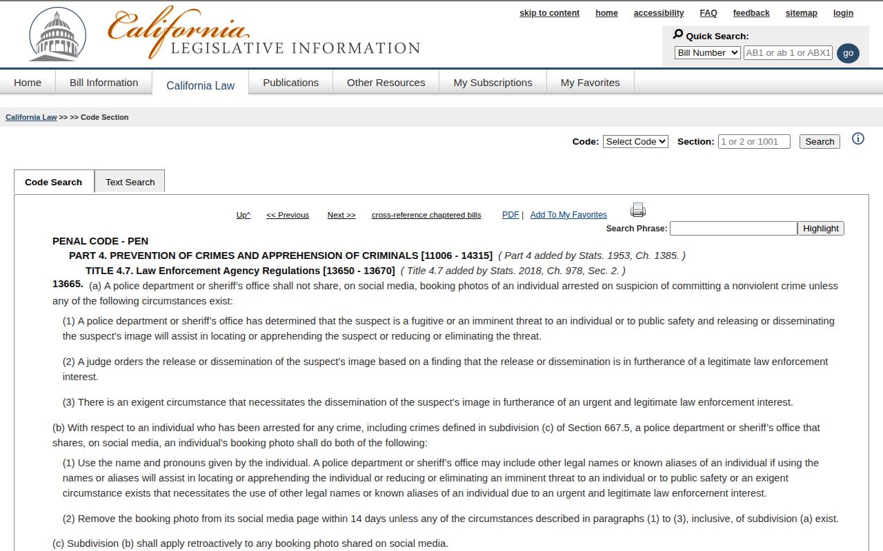 California Penal Code 13665 page