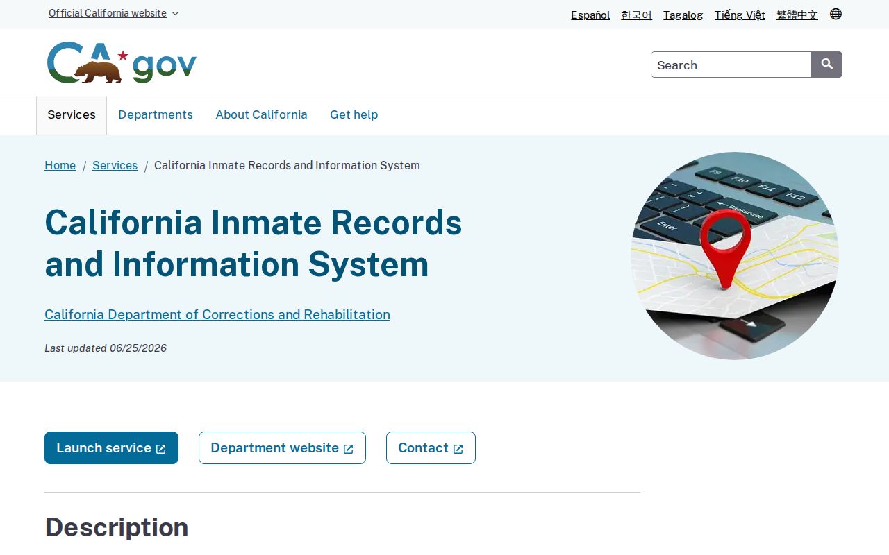 Official California CIRIS incarcerated person search service page