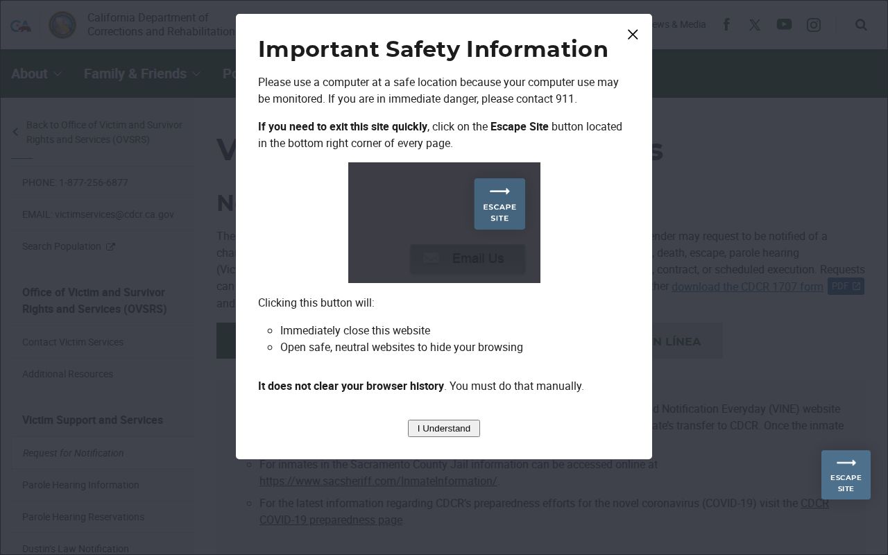 California CDCR victim notification application page