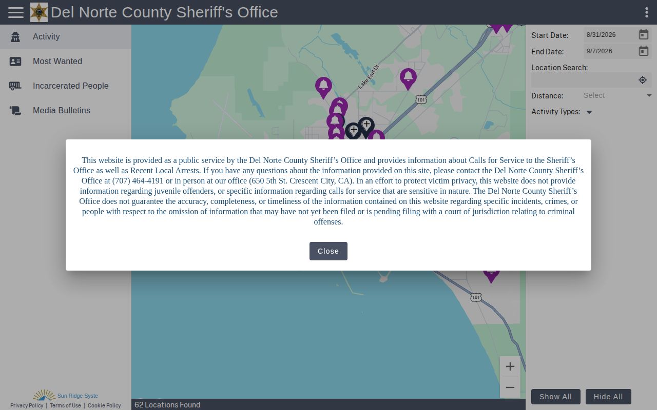 Del Norte CitizenRIMS route for Crescent City arrest checks